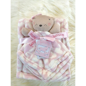 Luvena fortuna blanket with toy- pink and white