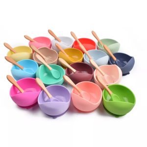 Suction based silicon bowl and spoon with wooden handle